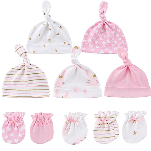 Image of MAMIMAKA Baby Hat and Mittens Set Newborn Baby Hats Caps for Baby Boys Girls 0-6 Months 100% Cotton