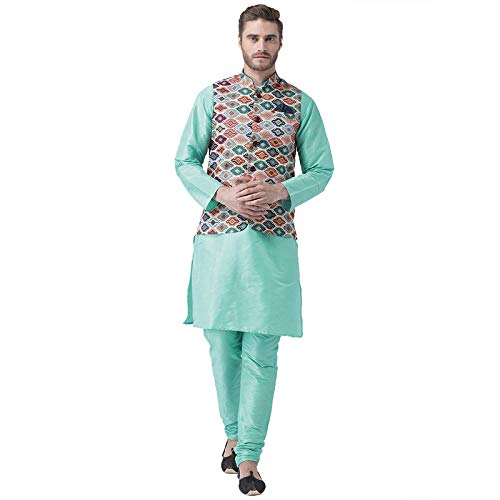 hangup Men's silk Kurta Pyjama with Waist Coat (3PC_58AParrot-KPW_44_Multi-Coloured