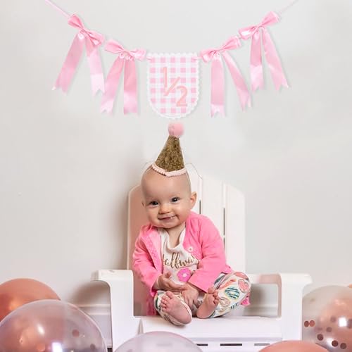 Image of Pink Ribbon Bow 1 /2 Birthday Banner - Sweet 6 Months Birthday Party Decorations,Pink White Gingham Bow Bohemian Garland,Half Way to One Cake Smash,Scalloped Banner Photo Props