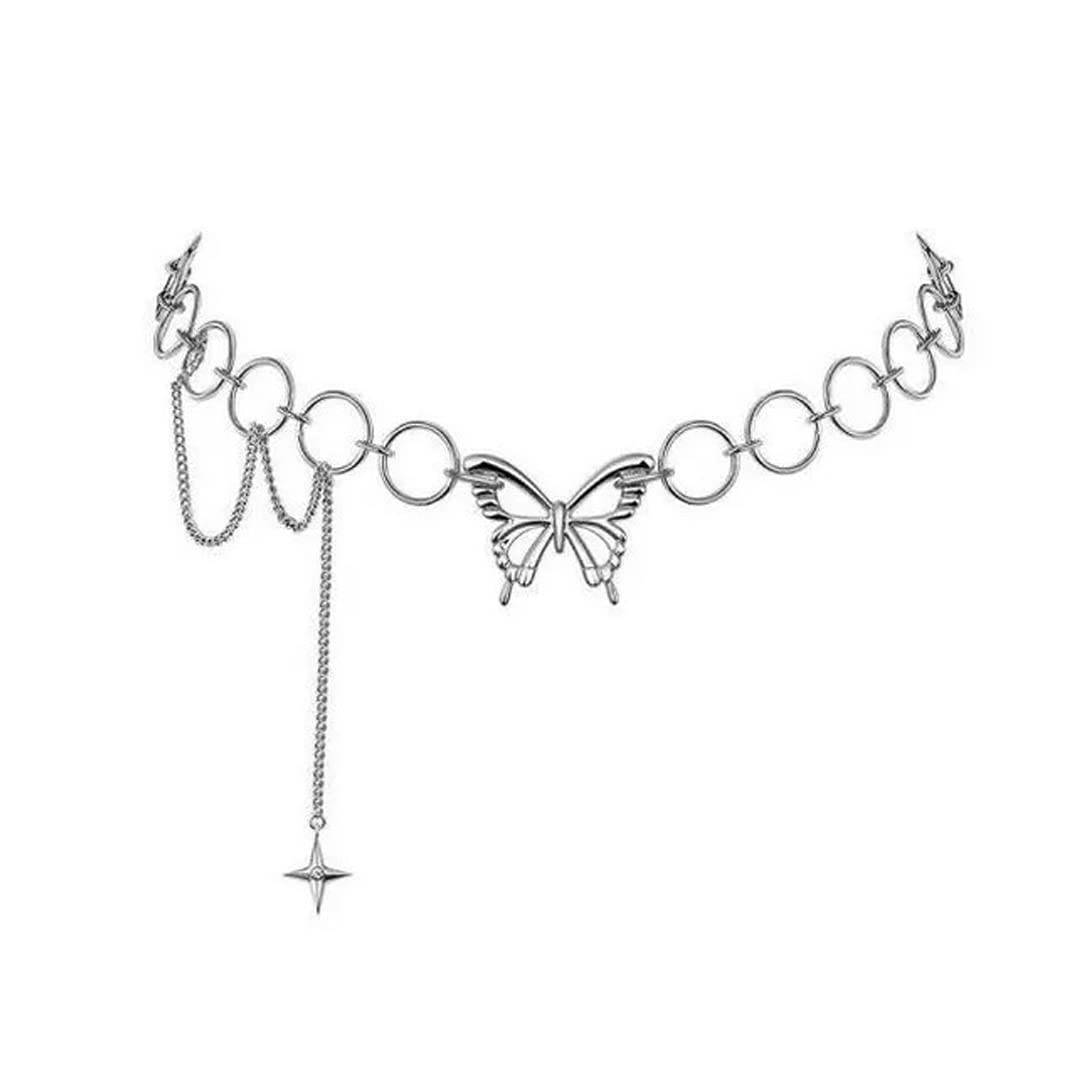VembleySilver Punk Style Geometric Circle Star Tassel Butterfly Choker Necklace For Women And Girls