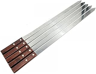 ZhangShi BBQ Barbecue Skewers Flat, Wooden Handel Set of 5 and 10 Grilling Kebab Flat Reusable Metal Sticks for BBQ, Brazilian Barbecue, Turkish Kebab, Shish Kabob (Lx58 Wx1.5 Tx0.2)cm (10), Silver