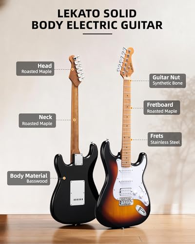 Image of LEKATO Electric Guitar Kit Beginner 39 Inch Full Size Solid Body Guitar HSS for Starter Roasted Maple Neck Fretboard Stainless Steel Frets, 5W Mini Amp, Bag, Tuner, Capo, Strap, String, Picks-Sunburst