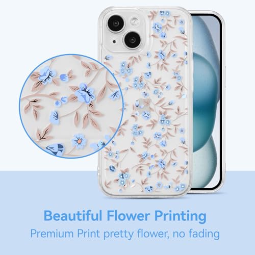 Coque iPhone 15 Plus antichoc fleurie en TPU souple et mince bleu clair