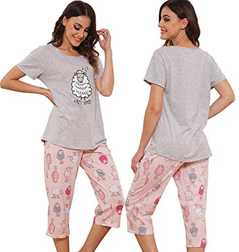 Chalier Summer Pajamas for Women Sleepwear Short Sleeve Tops O Neck Cotton Women Pajamas Set with Funny Print Grey Pink