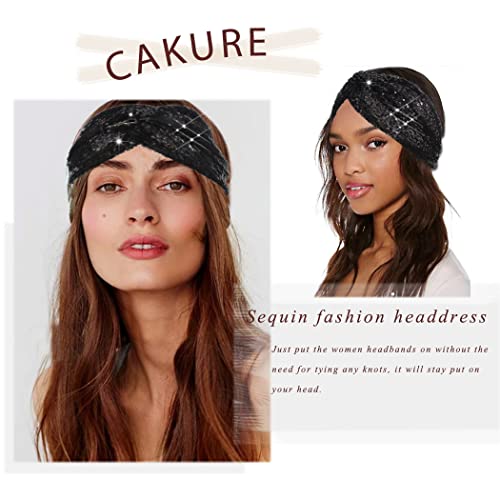 Cakure Sequins Headbands Criss Cross Hairbands Stretchy Head Bands Wide Turban African Head Wrap Breathable Fabric Head Bands Workout Hair Band Hair Accessories For Women And Girls Pack Of 1 (Black) #TOP3
