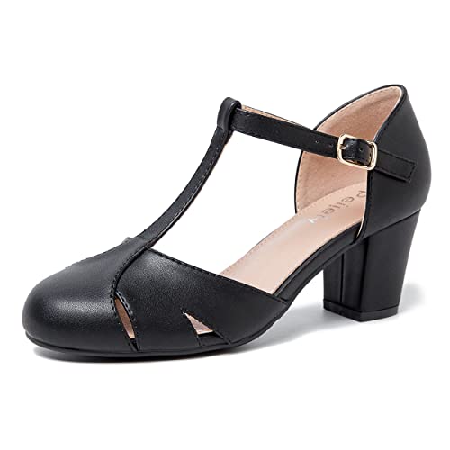 Womens T Strap Mary Jane Shoes Chunky Block Heel Cut Out Ankle Strap Buckle Dress Dance Pumps