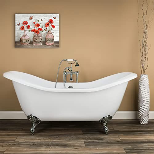 Farmhouse Bathroom Decor Wall Art Rustic Poppy Picture Relax Soak Unwind Bathroom Sign Painting Framed Modern Artwork For Living Room Bedroom Bathroom Office Home Decor 12X16 In #TOP1