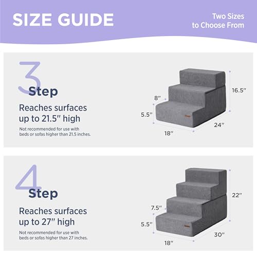 Image of Lesure Dog Stairs for Small Dogs and Cats 16.5 inch H x 18 inch W Extra Wide 3-Step Foldable Foam Pet Steps for Couch Sofa and Chairs with Supporting Board and Non-Slip Bottom, Grey
