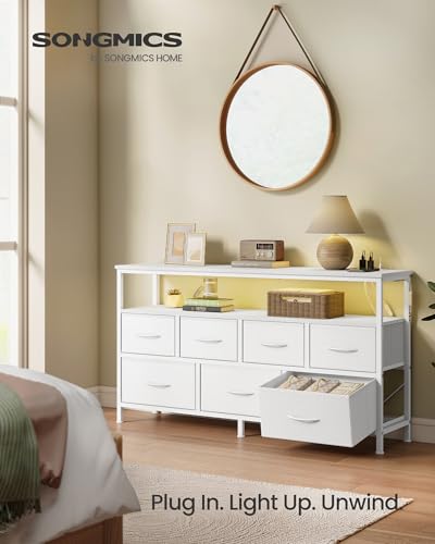 Image of SONGMICS BELLAH Collection - Dresser for Bedroom with App-Controlled LED Lights and Charging Station, Chest of Drawers, TV Stand, 7 Drawers, Shelf, Modern, Cloud White ULGS733WH05S