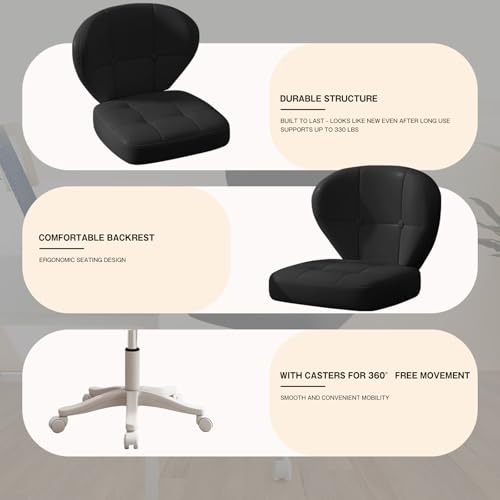 Image of Small Office Chair with Lumbar Support, PU Leather Armless Swivel Desk Chair Adjustable Height, Compact Rolling Chair for Home Office, Bedroom, Study Black Set of 2
