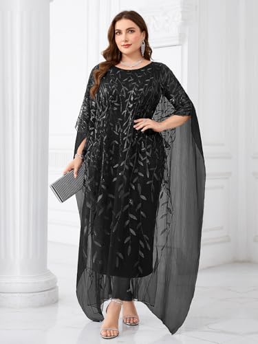 Image of Plus Size Sparkly Formal Evening Gown Sequin Cape Overlay Mother of Bride Dress Wedding Guest Cocktail Party