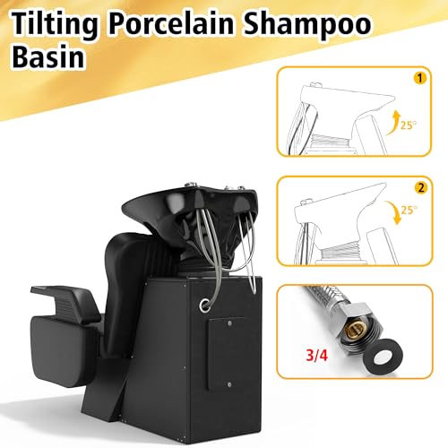 Image of KIGOTY Hair Washing Station w /Ceramic Bowl,Salon Shampoo Bowl and Chair Set | Black,Barbershop Beauty Spa Equipment, PU Leather,440lbs,Neck Rest,Large Ceramic Bowl, Shampoo Backwash Unit Porcelain Sink