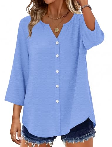 Image of OFEEFAN Button Down Shirts for Women 3 /4 Length Sleeve Tops V Neck Blouses Business Casual Outfits Loose Fit