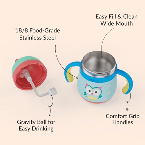 Image of rabitat Gravity EasyFlow Stainless Steel Sippy Cup 390 ml | 2 Years Brand Warranty | Leak Proof | BPA Free Soft Silicone Straw | Sippy Cup for Kids with Weighted Straw, Sky Hoot
