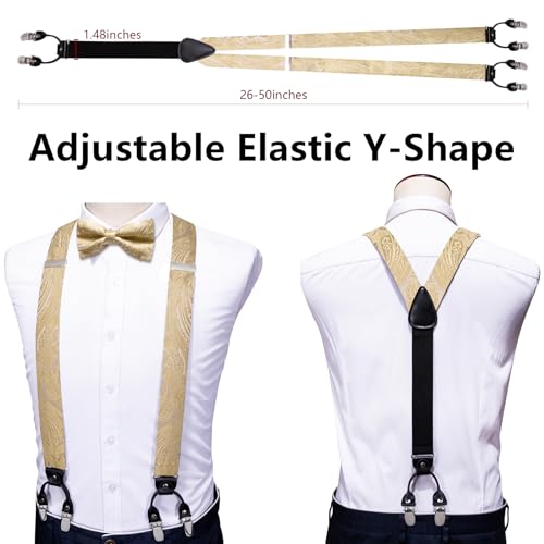 Image of YOHOWA Men Suspenders 6 Clips Strength Adjustable Y Braces Pre-Tied Bow Tie Set Formal Wedding Party