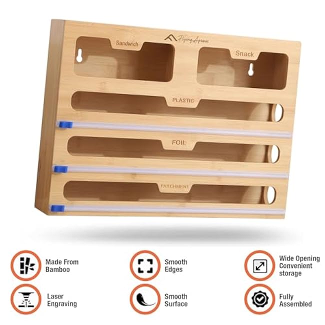 APSARAS USA 5 in 1 Bamboo Foil and Plastic Wrap Organizer for Kitchen Drawer, Ziplock Bag Organizer, Saran Wrap Dispenser with Cutter, Plastic Bag Organizer, Food Storage Bag Organization