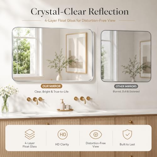 Image of 30 inchx40 inch Rounded Corners Silver Bathroom Mirror - Metal Framed with HD Shatter-Proof Glass, Wall-Mounted for Over Sink, Entryway, Living Room, Bedroom