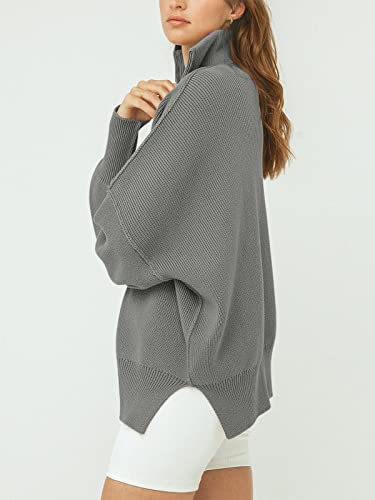 Image of ANRABESS Womens Oversized Quarter Zip Pullover Sweaters | Fall Fashion Outfits, Long Sleeve Slit Side, Baggy Loose Fit, 1 /4 Zip Lapel Collared, Ribbed Knit Soft Warm Winter Clothing