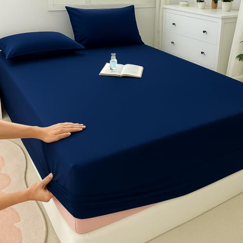Image of 600 TC 100% Egyptian Cotton Fitted Sheet for Supper King Bed Size Fitted Bed Sheet with Pillow Cover for Bedroom, Soft Hotel Quality Size - 78 x78+12 Navy Pillow Size -18 x 28 Inch