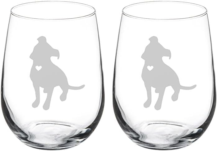 MIP Wine Glass Goblet Cute Pitbull with Heart (17 oz Stemless) (Pack of 2)