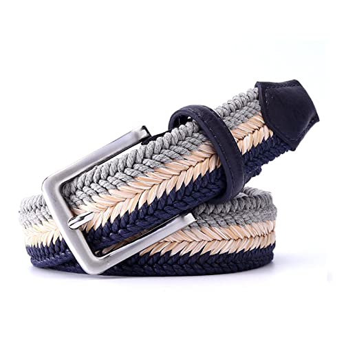 Briaded Belts For Men Women Woven Belt No Holes No Stretch Belts 3.5 CM Width Belt Length 32 To 59 Inch Waist(46in/115cm,GreyStrawNavy)