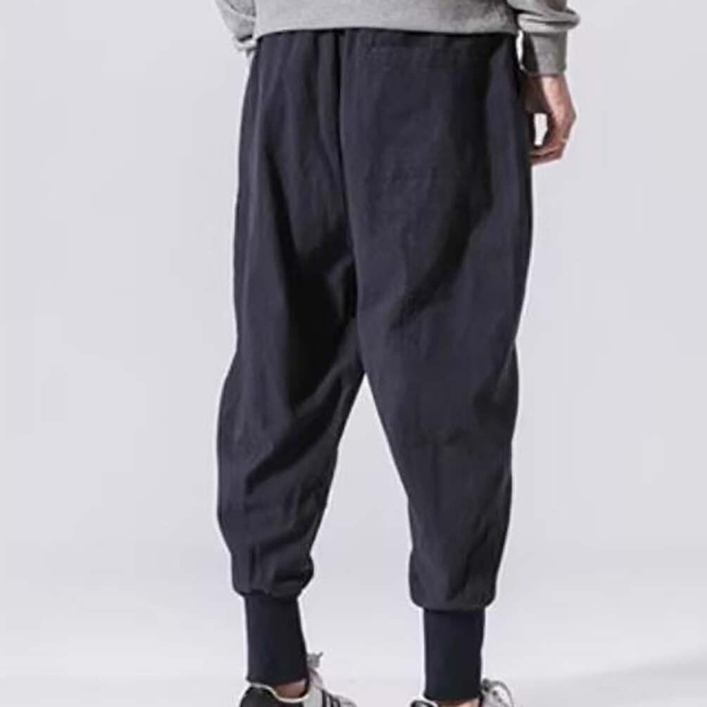 Męskie lekkie i luźne japońskie lniane spodnie haremki, rozciągliwe, luźny krój, styl joggingu, rozmiary S-5XL (granatowe, XXL)