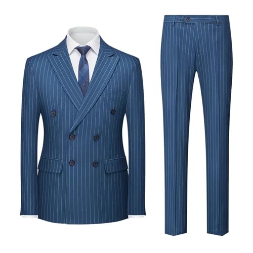 Men's Stripe Business Suit 2 Piece Set Double Breasted Casual Blazers and Pants2