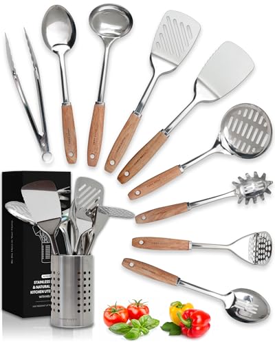 Comparison: Best Cooking Utensils For Stainless Steel Pans 5 Home Hero Stainless Steel Kitchen Utensils Set - Wood Handle Nonstick Stainless Steel Cooking Utensils Set - Heat Resistant Kitchen Essentials & Metal Kitchen Gadgets (Silver & Wood)