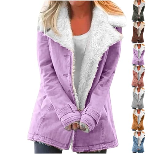 Women Plus Size Winter Warm Jacket Sherpa Fleece Lined Jackets Fashion Composite Button Lapels Outwear Coat
