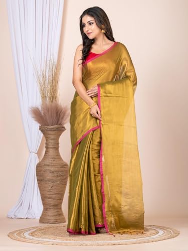 Image of Women's Tissue Cotton Saree | Plain Lightweight Tassel Pallu Saree with Blouse