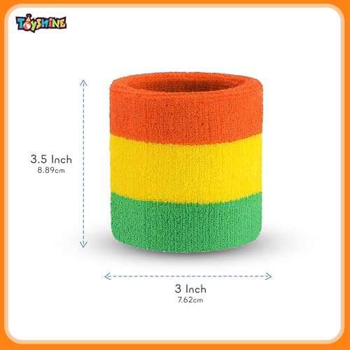 Image of Toyshine Cotton 3 Pieces Sweatbands Set, Includes Sports Headband And Wrist Sweatbands Striped Sweat Band For Athletic Men And Women - Orange Yellow Green