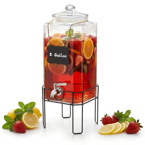 Image of 2 Gallon Glass Drink Dispenser, Drink Dispensers for Parties, Beverage Dispenser with Stand and Glass Lid, 100% Leakproof Spigot, Ideal for Lemonade, Juice, Laundry Detergent Dispenser