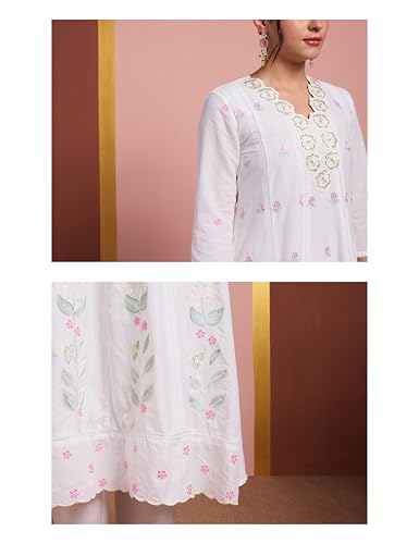 Image of Amazon Brand - Myx Women's Pure Cotton A-Line 3 piece Schiffli Suit Set (Available in Plus Sizes)