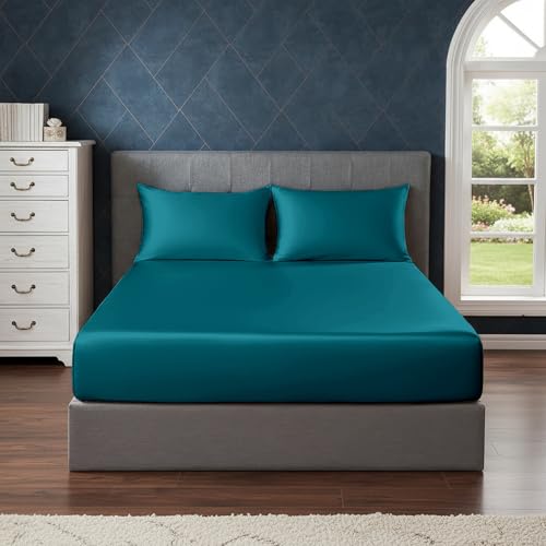 Image of Soft and Silk Satin Fitted Bedsheet for Single Size 36X75 +12 in - Elastic Fitted Sheet 400 TC Hotel Collection for Bedroom | Fitted Sheet with Pillow Cover Teal, Single Bed