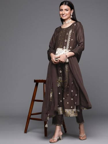 Image of Libas Womens Embellished Silk Blend Straight Kurta With Trousers and Dupatta
