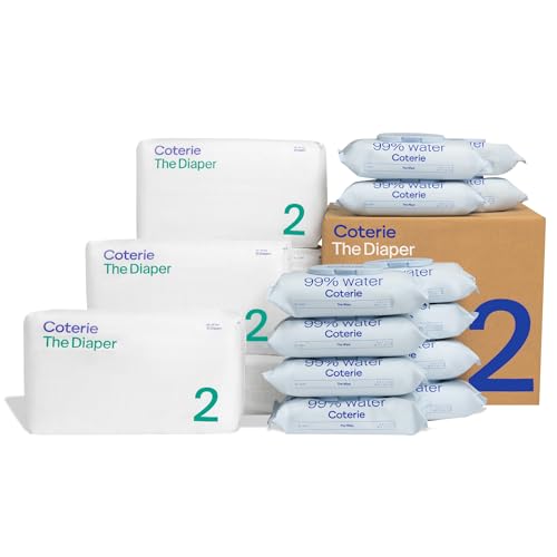 Image of Coterie Baby Wipes + Diapers Kit, Size 2 Diapers (186 Count) & 12 Pack (672 Count) Baby Wipes with 99% Water, Plant Based Materials, Hypoallergenic for Sensitive Skin