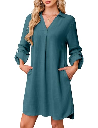 Amoretu Leinenkleid Damen Blusenkleid Knielang 3/4 Arm Lockeres Freizeit Tunikakleid (Pfauenblau, M)
