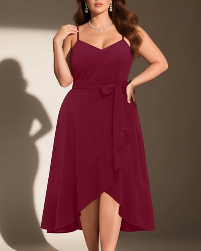 Image of Pinup Fashion Plus Size Cocktail Party Wedding Guest Semi Formal Midi Dress | Sexy V-neck, adjustable spaghetti strap, belted waist, fit and flare, flowy high-low ruffle hem, ideal for prom, homecoming