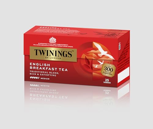 Image of Twinings English Breakfast Tea, 25 Teabags, Premium Black Tea, English Classic Range, Medium Strength, Rich Flavour, 50 gm (Pack of 2)