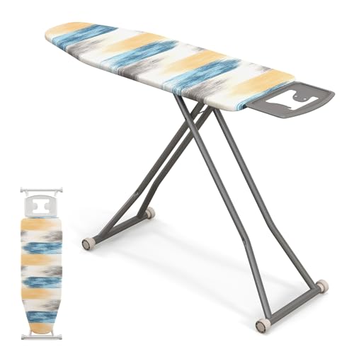 COSTWAY Bügelbrett klappbar mit Eisenablage, Bügeltisch mit 7 Verstellbarer Höhe, Dampfbügeltisch bis 30kg belastbar, Tischbügelbrett hitzebeständig (Gelb und blau,L)