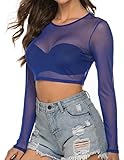 Avidlove Sheer Crop Tops for Women Mesh Crop Shirt See Through Tee Long Sleeve Blue M