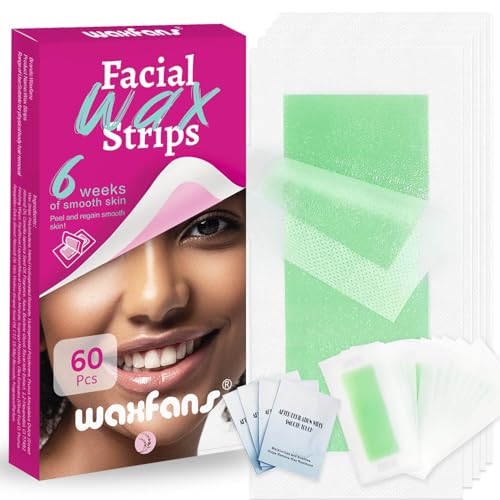 Waxfans Facial & Body Wax Strips for Women – 60 Ct At-Home Waxing Kit, Hypoallergenic Face Wax Strips Hair Removal for Lip, Chin, Eyebrow, Sensitive Skin, Cera Depilatoria Para Mujer, Red