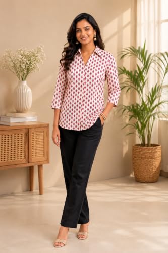 Image of Pure Cotton Long Hemline Shirt for Women Beautiful Printed Collared Neck Casual Western Shirt Top Formal Office Wear