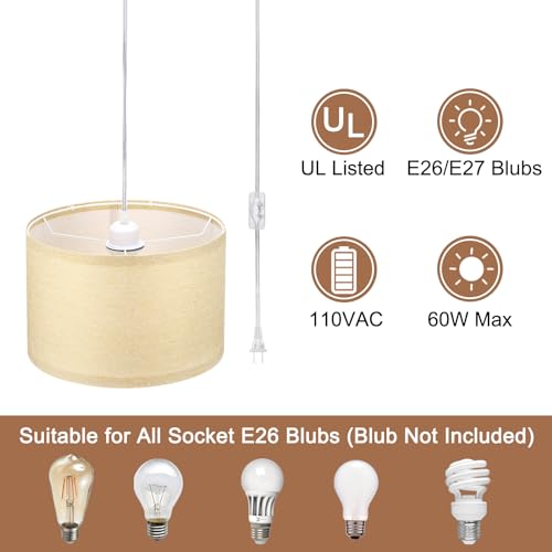 PATIKIL Plug in Pendant Light, 15Ft Rope Cord Hanging Lamp Fixture with ON/Off Switch, Linen Fabric Shade E26/E27 Bulb Socket for Bedroom Kitchen Living Room, Linen by PATIKIL - Image 3