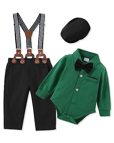Image of ZOEREA Baby Boy Suit 0-24M Gentleman Outfit Clothes Set Infant Long Sleeve Dress Shirt+Suspender Pants+Bowtie+Beret Hat