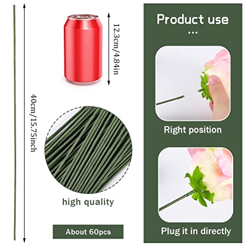 60 Pack Floral Stems Wire for Paper Flower 2 Gauge Flower Stems for Crochet Projects 16 Inch Artificial Green Crafts Wire Wreath Making Supplies for Flores Eterna Flower DIY