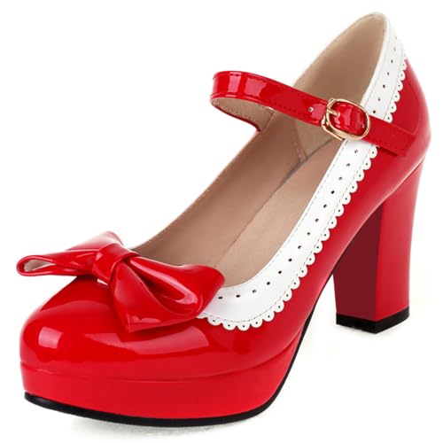 Image of FOREADA Lolita Bow Platform High Heel Women Rockabilly Mary Jane Dress Pump | Boasts soft kawaii retro vintage lolita tea party aesthetic, with block heel ,bow, round toe versatile style for dress wear