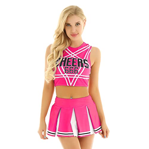 Alvivi Women's Sexy Cheerleading Costume Crop Top with Mini Pleated Skirt Set Schoolgirl Cheer Leader Uniform Hot Pink S Alvivi Women's Sexy Cheerleading Costume Crop Top with Mini Pleated Skirt Set Schoolgirl Cheer Leader Uniform Hot Pink S