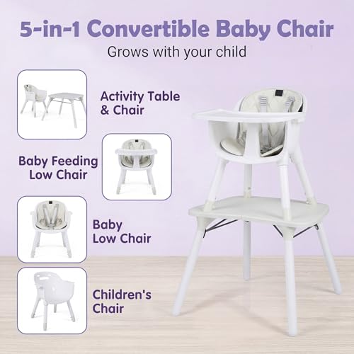 Image of HONEY JOY 5-in-1 High Chair, Convertible Highchair for Babies and Toddlers /Kids Chair Table Set /Infant Feeding Chair w /Safety Harness, PU Leather Cushion & Removable Food Tray (White)