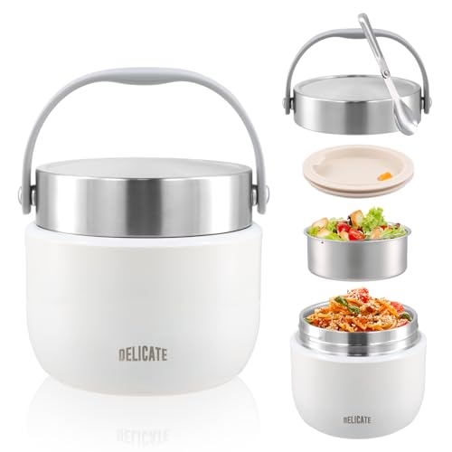 volumoon Recipiente Térmico para Comida 1200ml, Acero Inoxidable con Cuchara Plegable, Fiambrera Térmica con Compartimento y Tapa Hermética, Ideal para Sopa, Papilla, Oficina, Escuela, Viajes (Blanco)